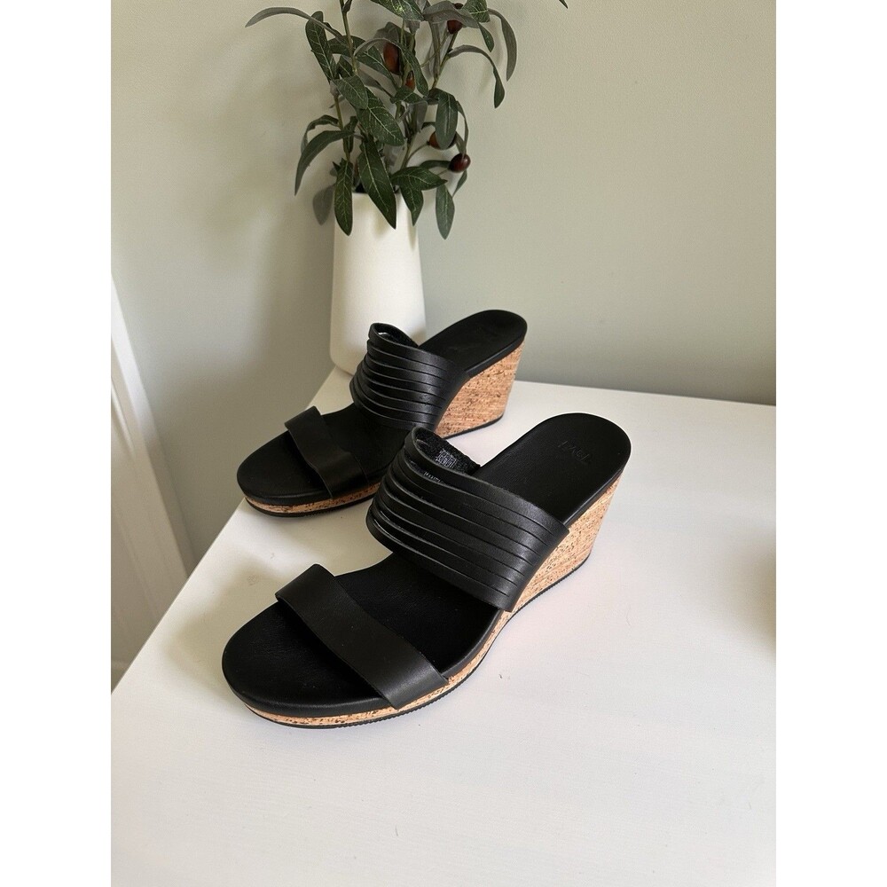 Women’s TEVA Arrabelle Black Slide Leather Cork Wedge Sandals Resort Beach US 8